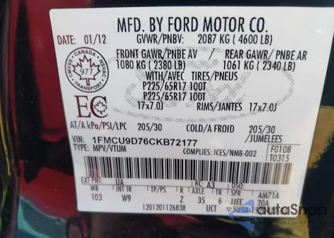 2012 Ford Escape Xlt from USA, damaged, VIN 1FMCU9D76CKB72177